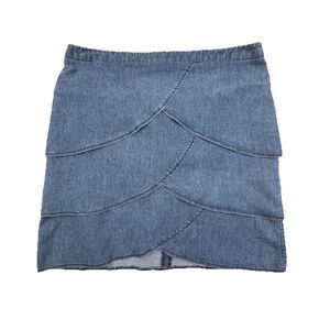 Larry Levine Petite 12P Stretch Denim Tiered Mini Skirt Blue Scallop Hem